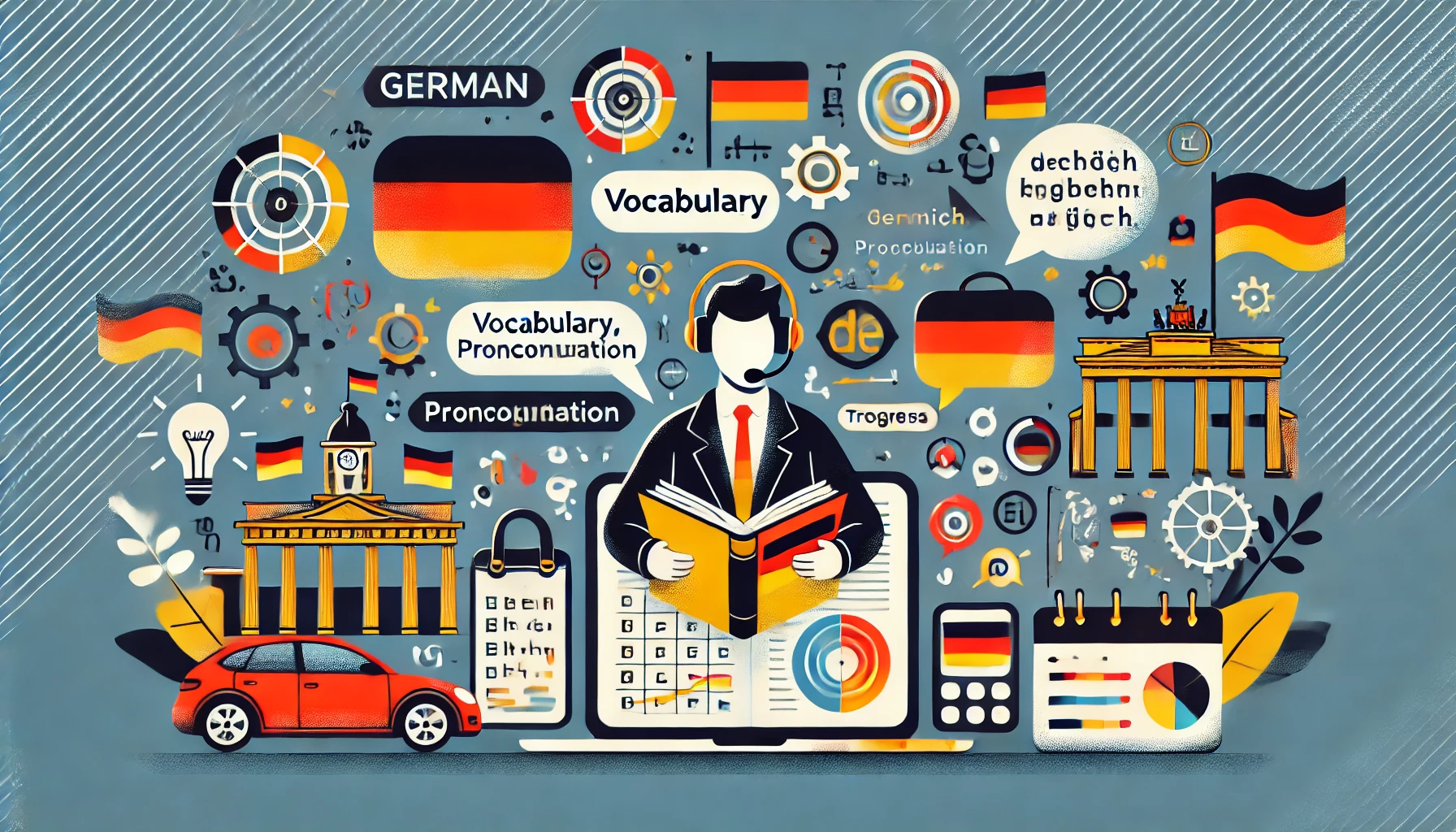 Ilustración de una persona estudiando alemán con un libro y una aplicación, rodeada de iconos de vocabulario, pronunciación y la Puerta de Brandeburgo.
