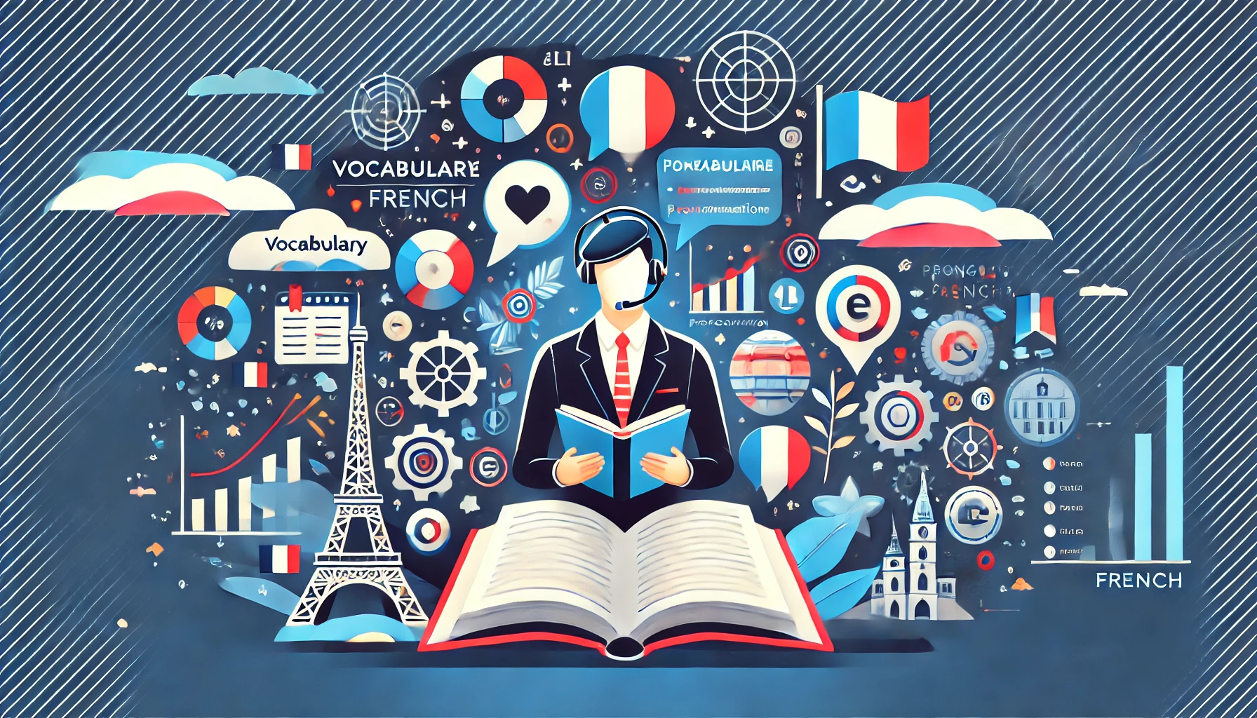 Ilustración de una persona estudiando francés con un libro y una aplicación, rodeada de iconos de vocabulario, pronunciación y la Torre Eiffel.