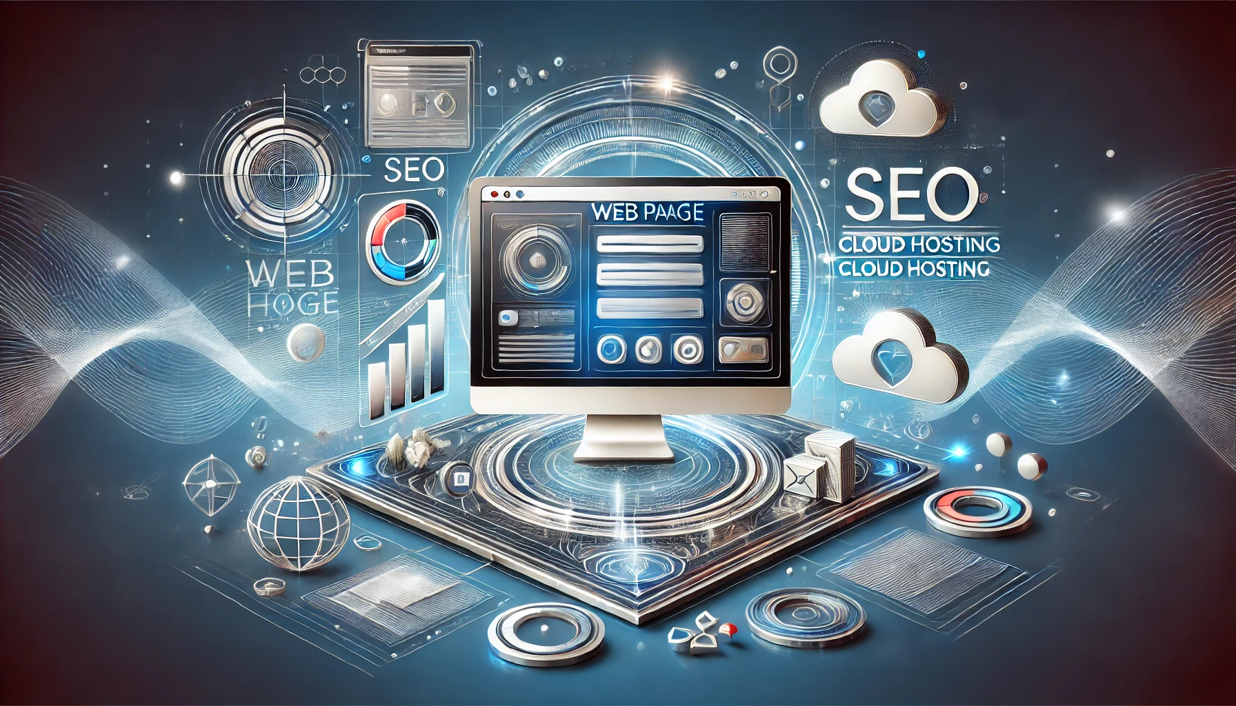 Ilustración de una página web en una pantalla de ordenador con elementos de desarrollo, SEO y experiencia de usuario.