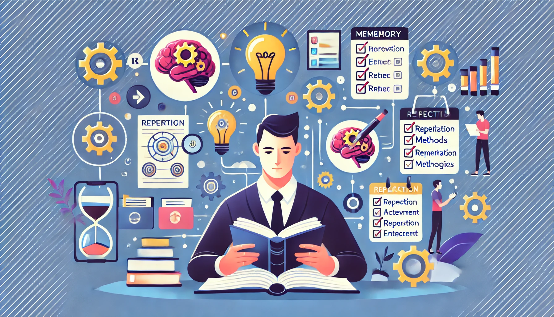 Ilustración de una persona estudiando con flashcards y una aplicación, rodeada de iconos de actividad cerebral, repetición y estrategias de memorización.