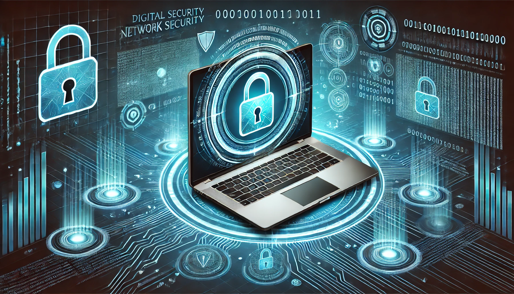 Ilustración de un escudo con candado en la pantalla de un ordenador portátil, rodeado de elementos de ciberseguridad y protección digital.