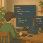 Desarrollador frontend trabajando con HTML, CSS y JavaScript en un entorno inspirador.