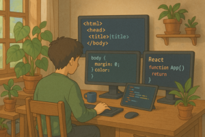 Desarrollador frontend trabajando con HTML, CSS y JavaScript en un entorno inspirador.