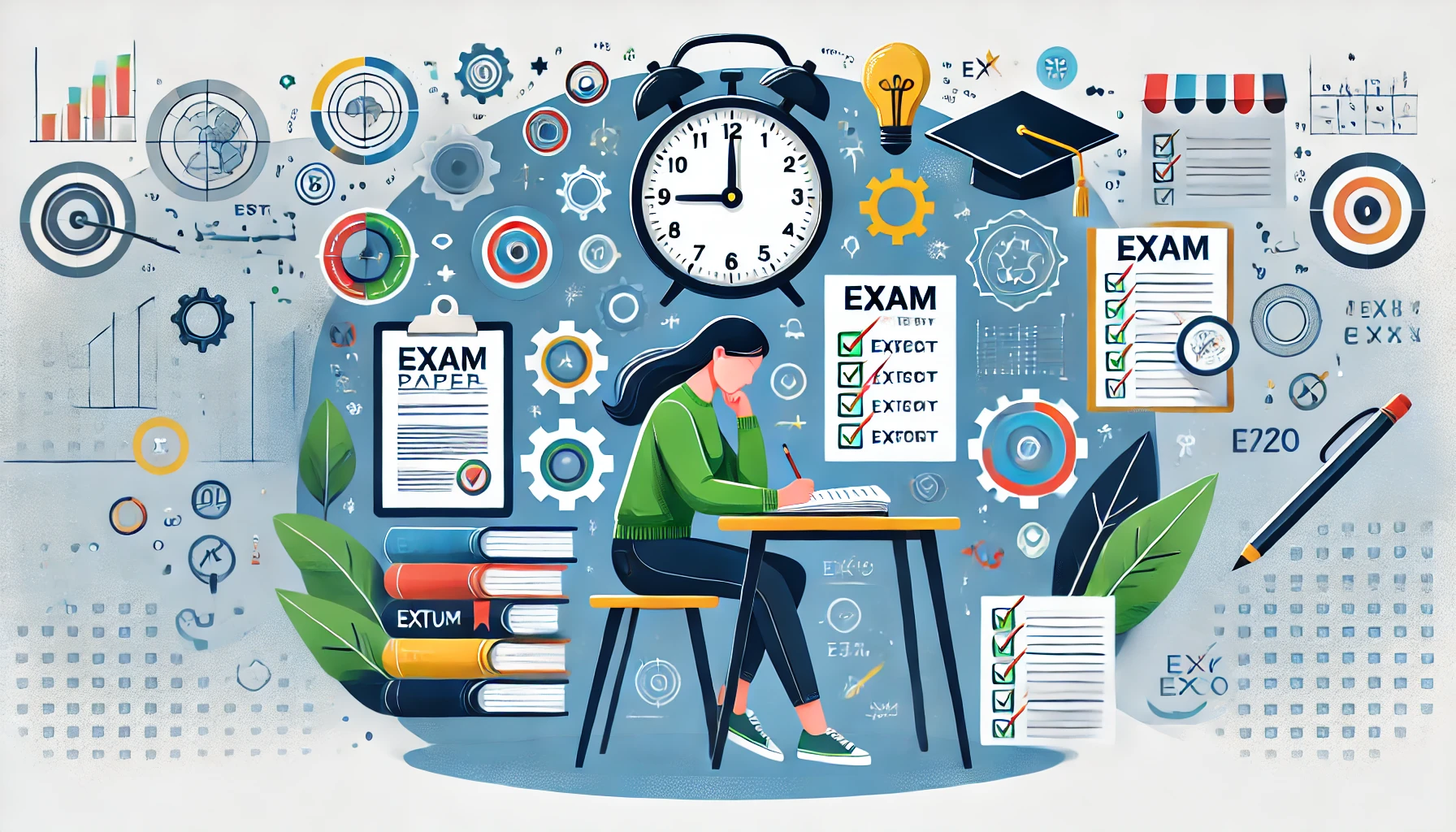 Ilustración de un estudiante tomando un examen con libros, notas y un reloj simbolizando la gestión del tiempo.
