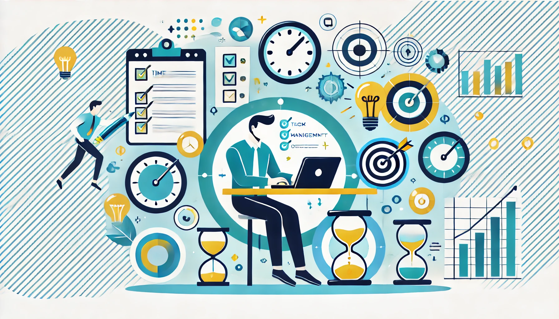 Ilustración de una persona trabajando de manera productiva en un escritorio con iconos de gestión del tiempo, tareas completadas y motivación.