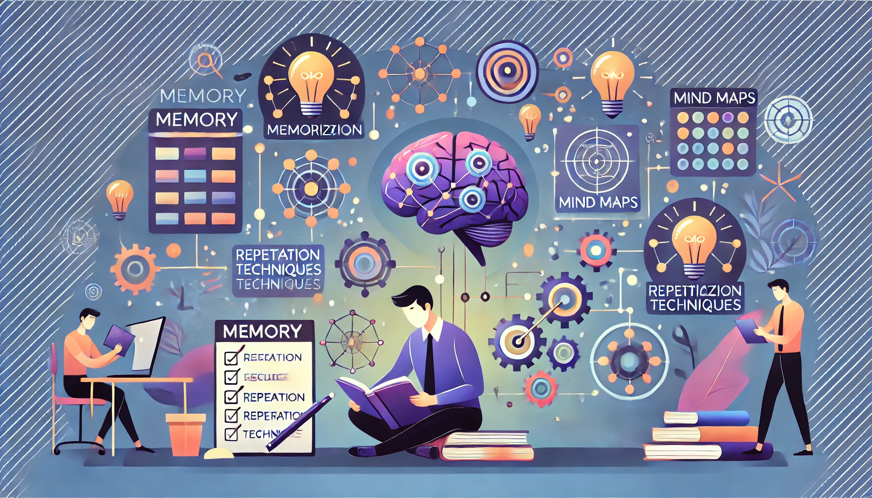 Ilustración de una persona estudiando con flashcards y una aplicación, rodeada de iconos de actividad cerebral, mapas mentales y técnicas de repetición.