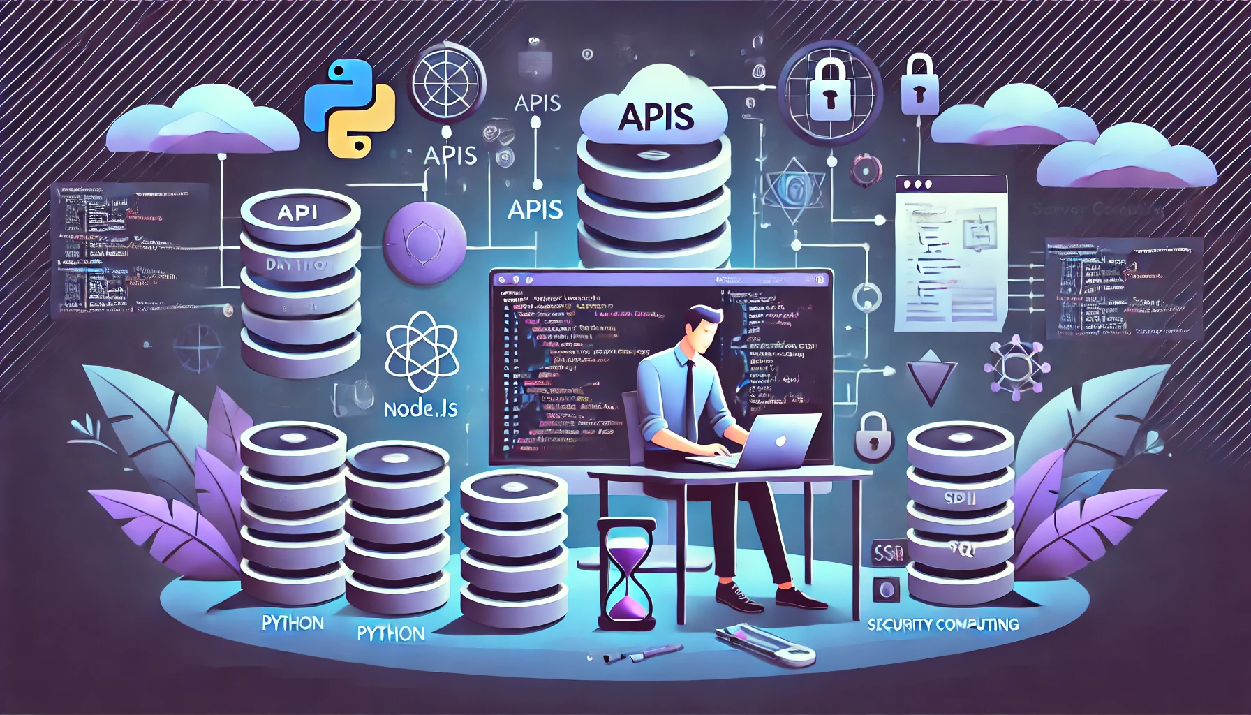 Ilustración de un desarrollador programando en backend con bases de datos, APIs y computación en la nube.