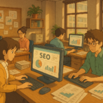Profesionales trabajando en una agencia SEO con ordenadores y datos de posicionamiento web.